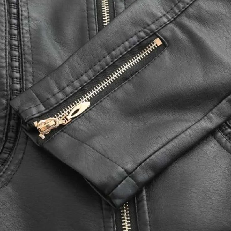 Spring and Autumn Large Size Temperament Stand Collar PU Leather Jacket Women's Leather Coat