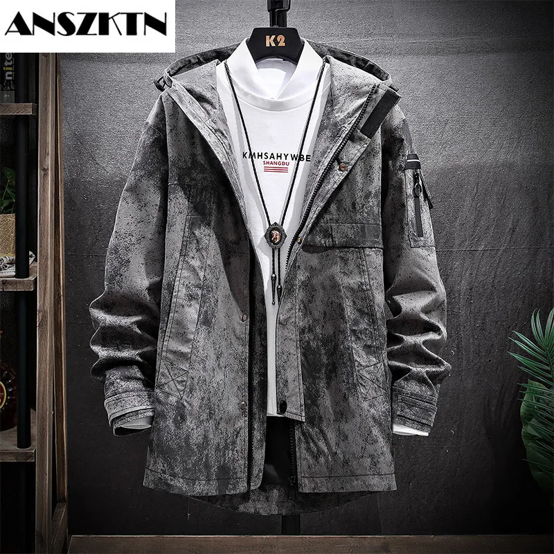 

ANSZKTN 2021 new jacket male Korean version of the youth color block mid-length trench coat hooded casual jacket substitute