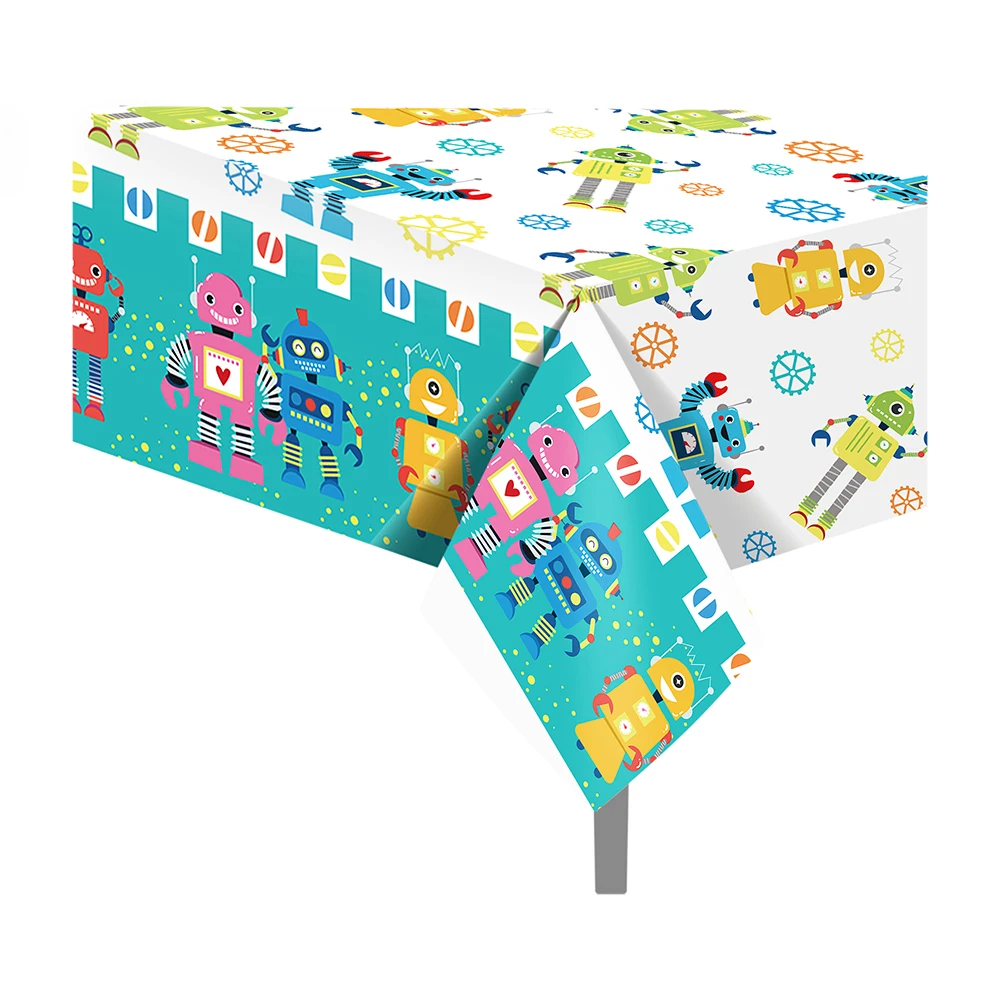 

130*220cm Kids Cartoon Modern Mechanic Robot Birthday Party Disposable Tableware Sets PE Tablecloths Baby Shower Party Decors