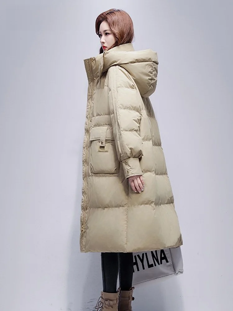 Черный пуховик Duck женский средней длины выше колена новинка 2024 зимняя брендовая