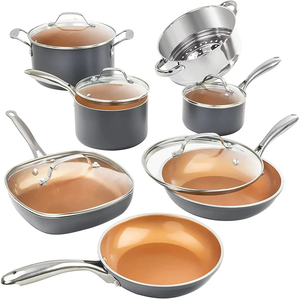 

12 Piece Cookware Set, Non-Stick Copper Coating, Includes Skillets, Frying Pans and Stock Pots, Dishwasher and Oven Safe, Graphi