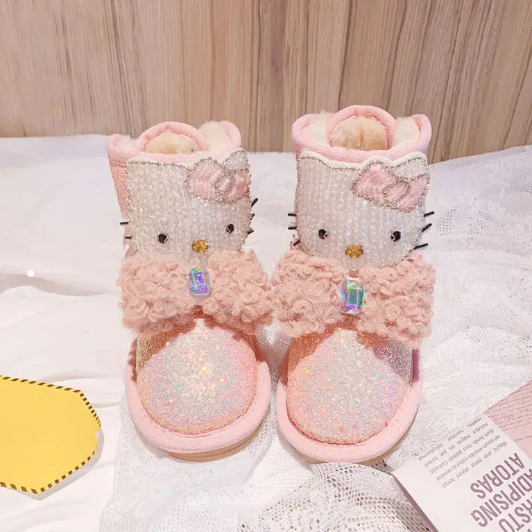 

Зимние новые розовые теплые детские ботинки Hello Kitty Стразы Нескользящие плюс бархатные толстые теплые ботинки Стразы с бантом для девочек