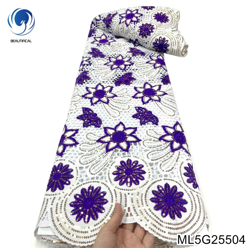 New white African Guipure Lace With Sequins 2022 Hot Sale Nigerian Water Soluble Fabric For Party Dress ML5G255