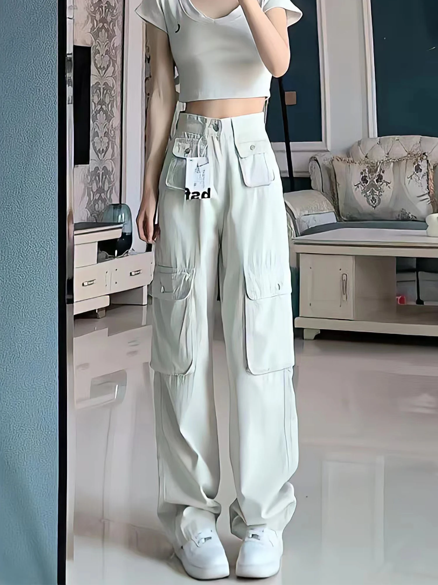 Vintage 90s Womens Solid Cargo Pants Loose Wide Leg Straight Pants Streetwear Lady Hip Hop Trousers Leisure All-Match Overalls