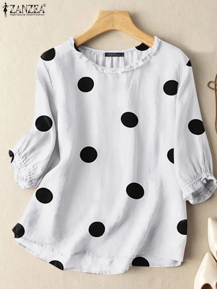 

Bohemian Ruffles Shirt 2023 Summer Polka Dots Printed Blouse Women O-Neck 3/4 Sleeve Beach Tops ZANZEA Female Elegant OL Blusas