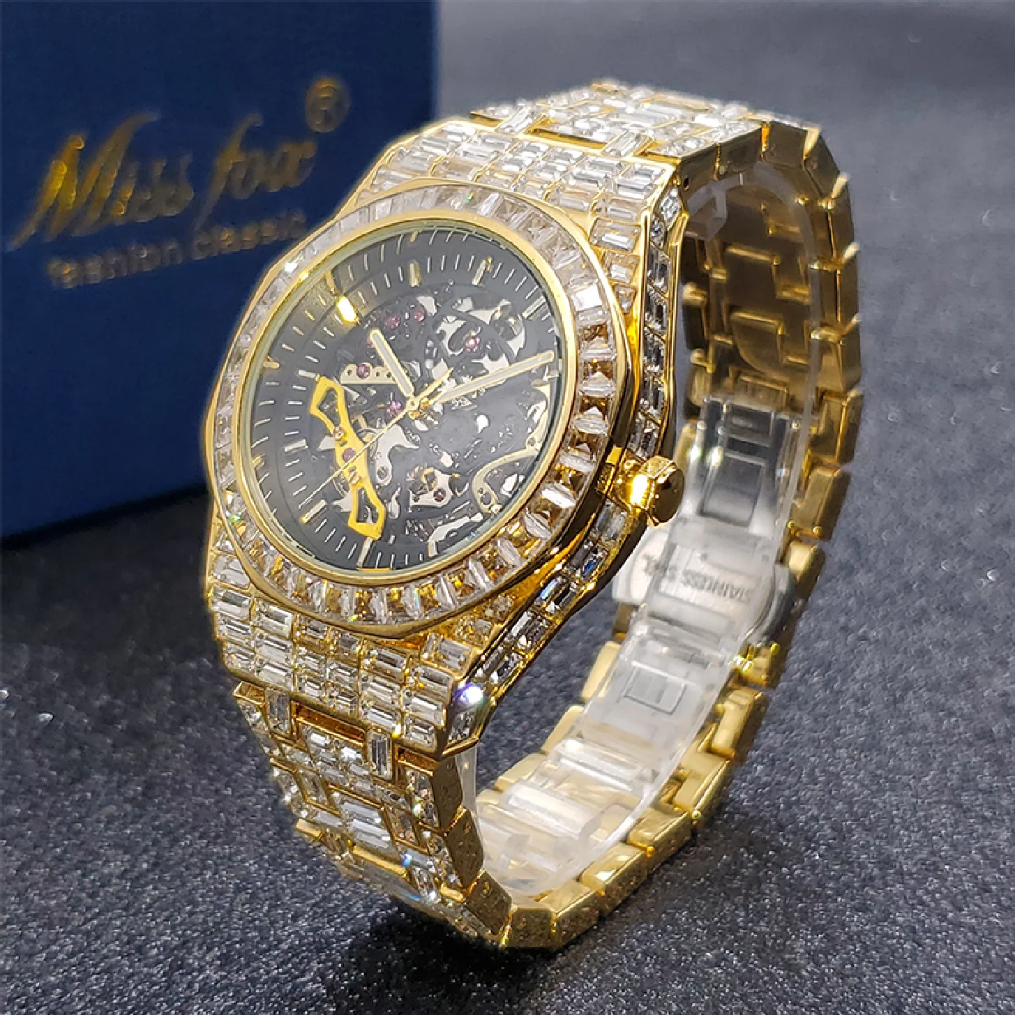 

Men Mechanical Watch Gold Full Baguette Original Automatic Men's Skeleton Watches Diamond Luminous Luxury Waterproof Hand Clock