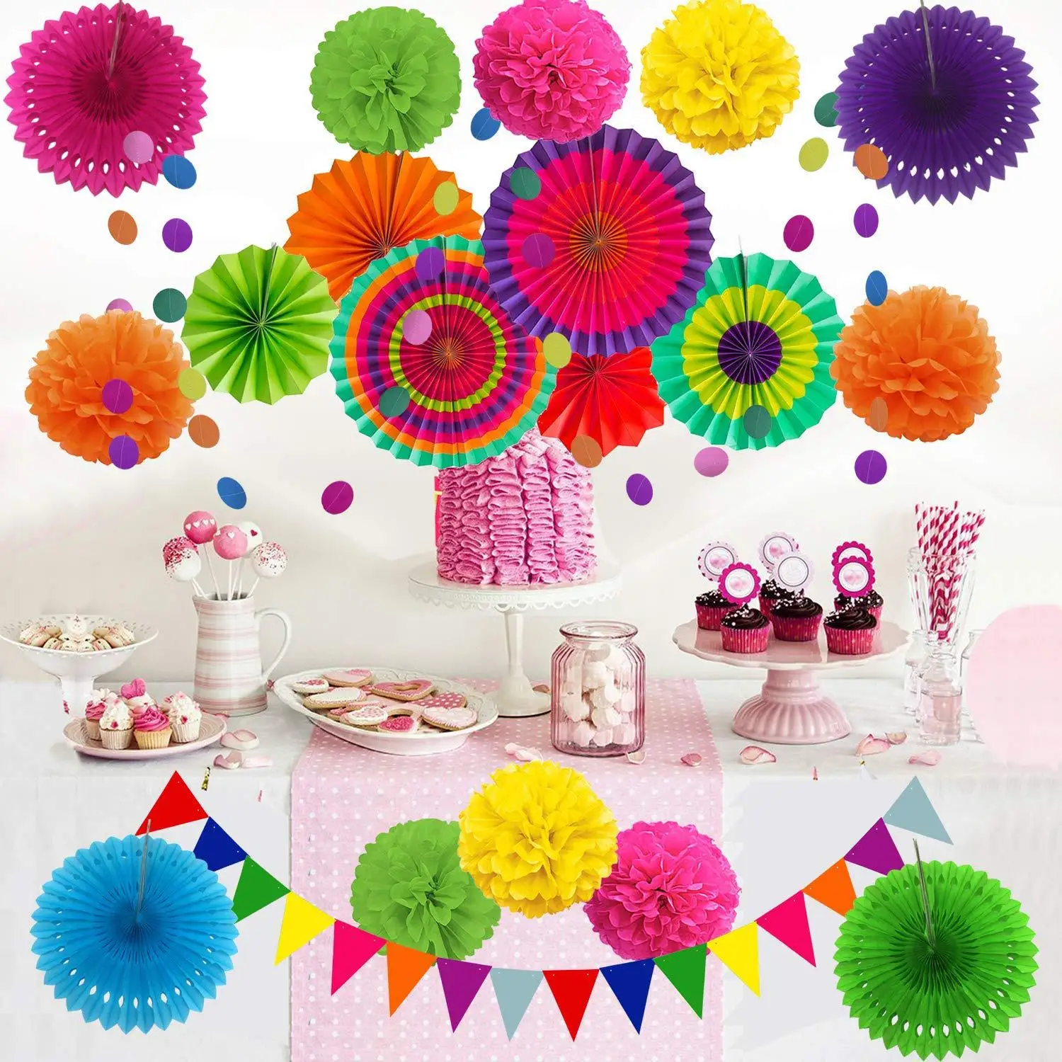 

21 Pcs Hanging Paper Fans Pom Poms Flowers Garlands String Triangle Bunting Flags for Wedding Birthday Party Fiesta Decoration