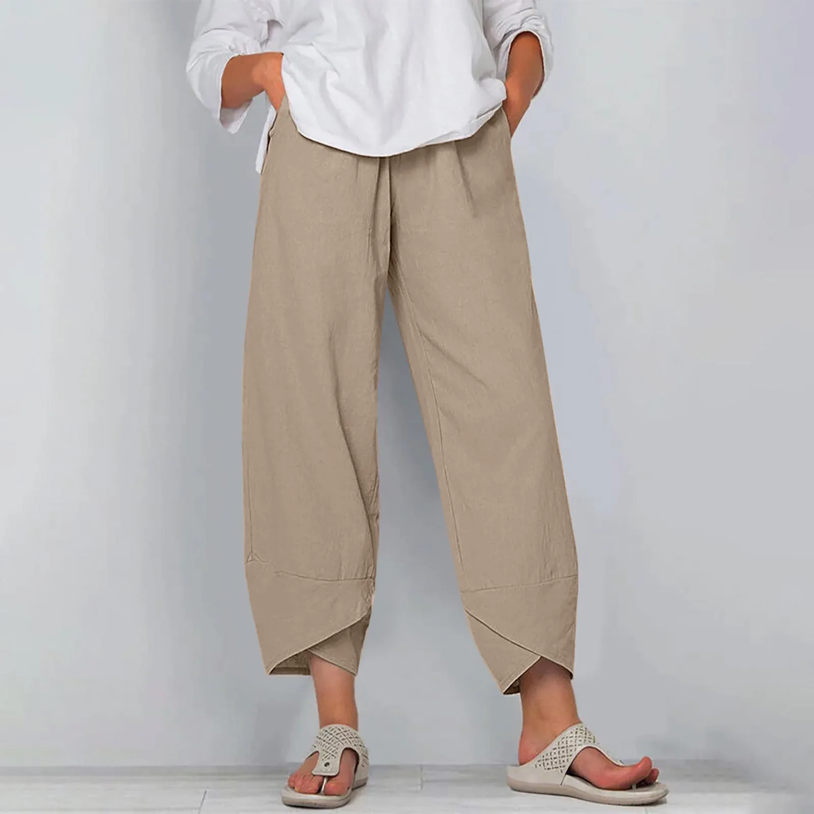 

Fashion Women Solid Cotton And Linen Casual Loose Trouser Wide Leg Pants High Waist Joggers Pants Capris Good Fabric Capris