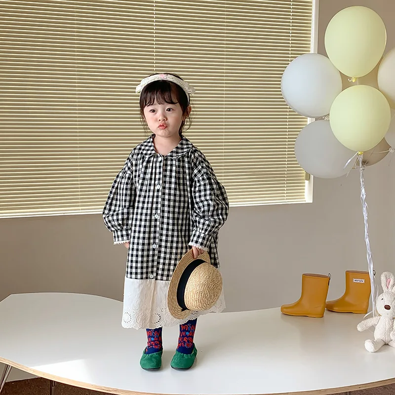 

2022 Autumn New Children Clothes Baby Girs Korean New Long Sleeve Splice Lace Plaid Dress