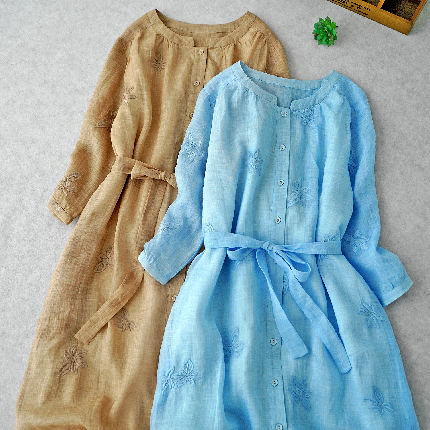 

108cm Bust Summer New Women Brief Loose Plus Size Full Embroidered Comfortable Water Washed Thin Ramie Blue Belted Lined Dresses