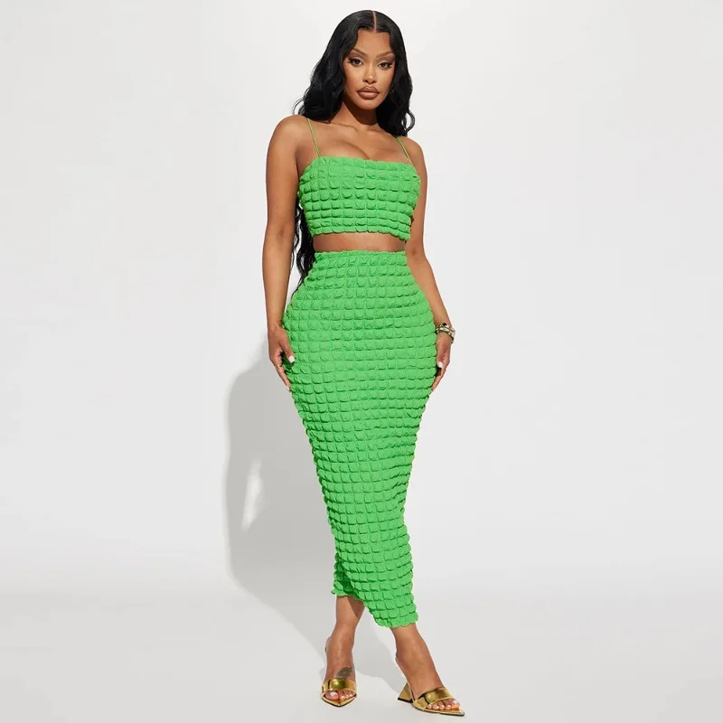 

Sexy Two Piece Set for Women 2023 Summer Soild Color Camis Crop Tops Slim Wrapped Hip Long Skirt Elegant Party Clubwear