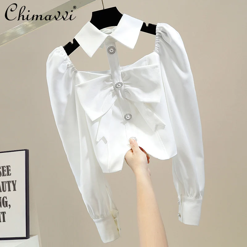 

Retro Puff Sleeve Sweet Bow Decorative Shirt 2022 Spring Clothes Back Zipper Halter Design Slim Fit Short Blouse for Women