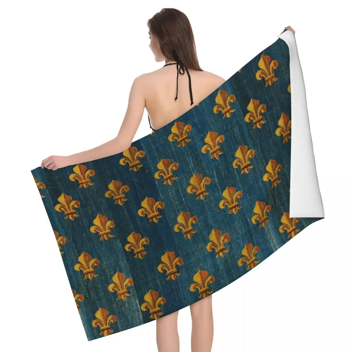 

Gold Fleur De Lys Soft Linen Microfiber Bath Beach Towel Quick Drying Lily Flower Fleur-de-Lis Shower Pool Towels