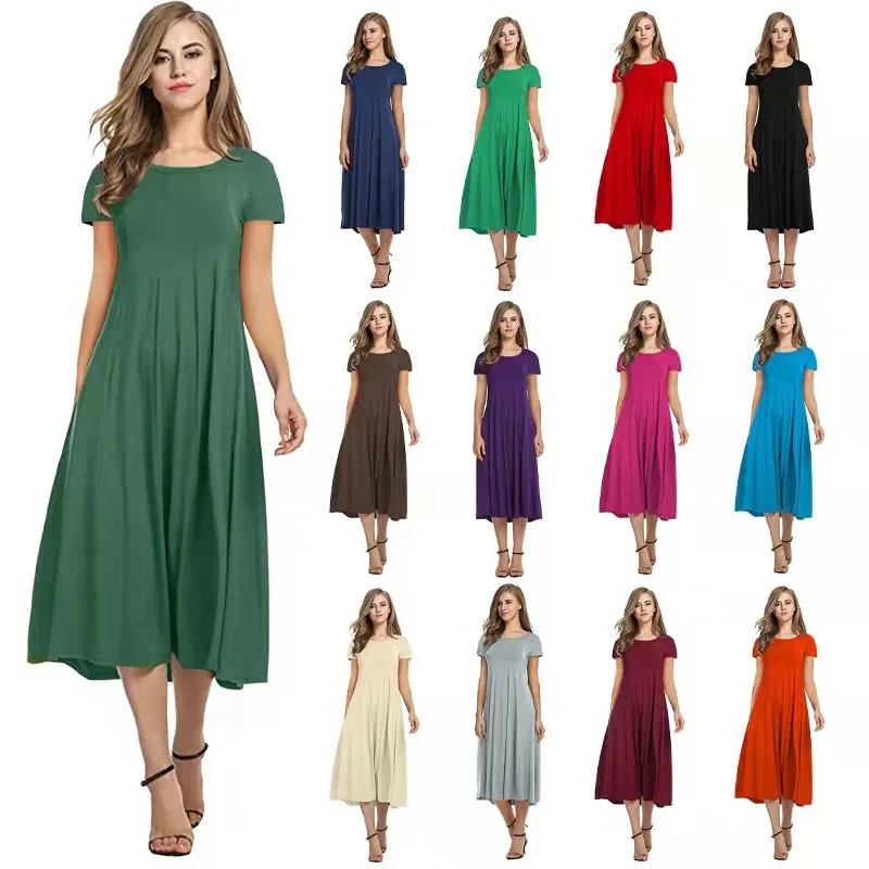 

2023 New Women Dresses Round Neck Short Sleeve Solid Color Swing Dress Four Seasons Fashion Casual Elegent Lady Dress