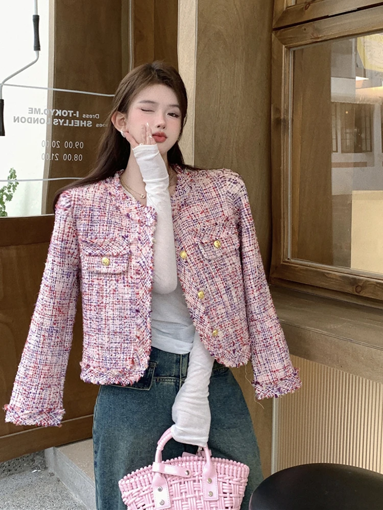 

2023 Spring Autumn New Tweed Women Jacket Korean Plaid Long Sleeve Single Breasted O-neck Outwear Tops Fashion Elegant Coat