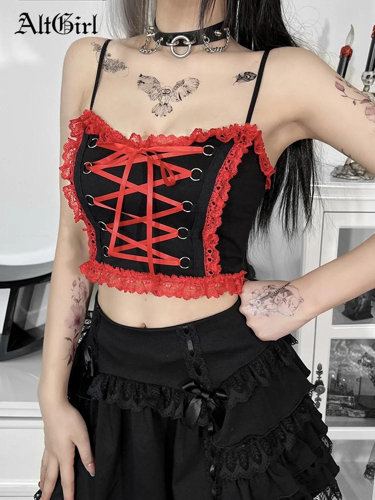 

AltGirl Y2k E-girl Sexy Gothic Camis Women Streetwear Harajuku Red Lace Patchwork Bandage Crop Tank Tops Punk Emo Alt Outfits
