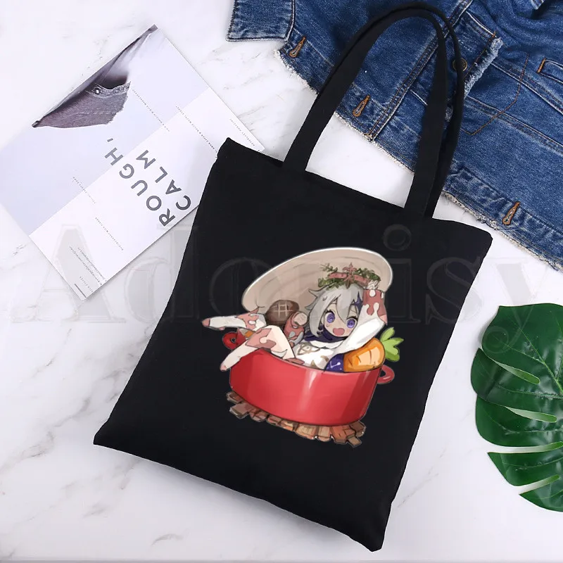

Genshin Impact Casual Graphic Harajuku Funny Black Canvas Print Shopping Bags Girls Fashion Life Casual Pacakge Hand Bag