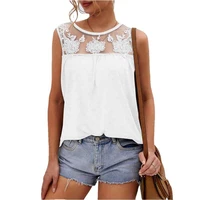 2022 summer sleeveless shirts women casual solid color round neck hollow embroidery tank tops ladies stitching lace pleated vest