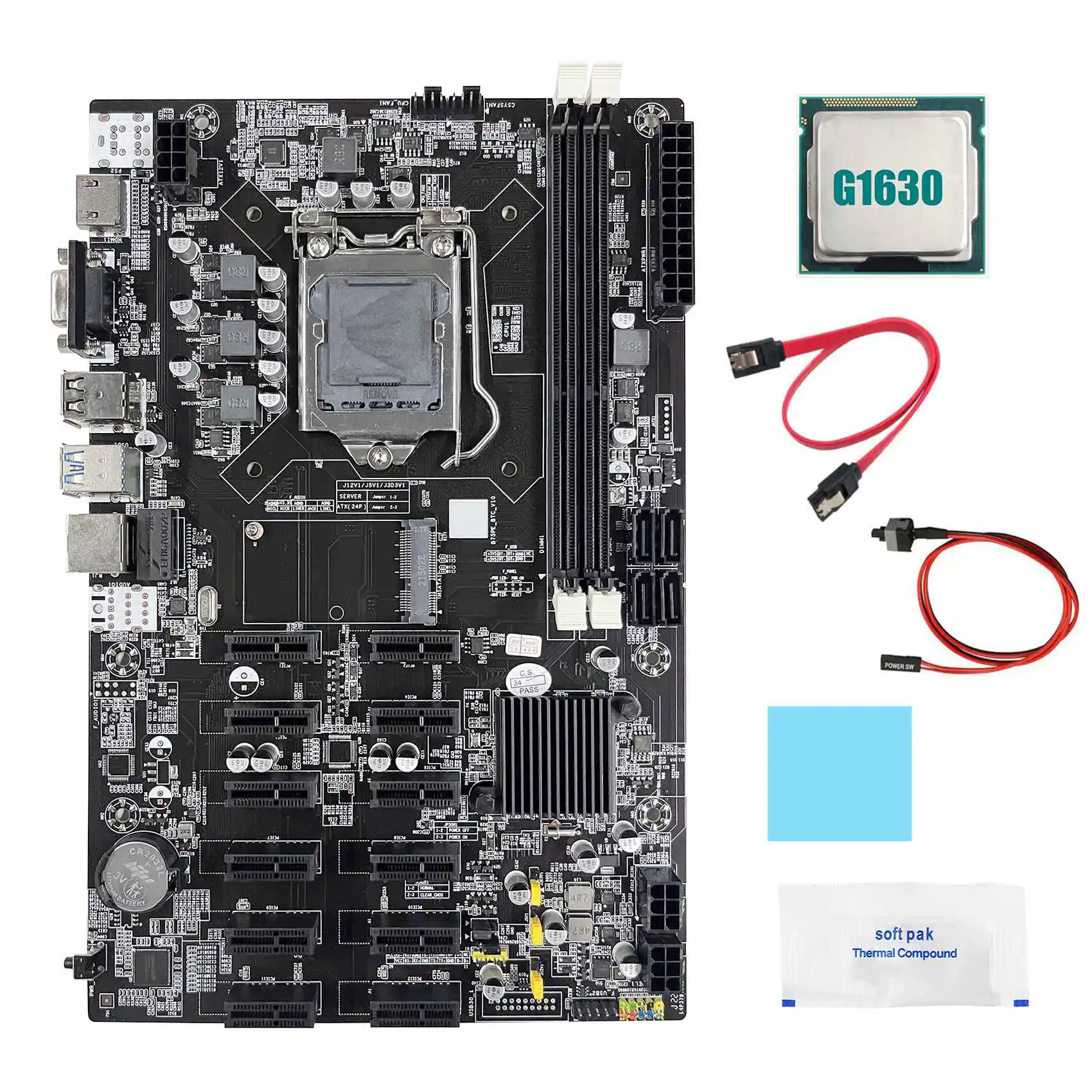 B75 12 PCIE BTC Mining Motherboard+G1630 CPU+SATA Cable+Switch Cable+Thermal Grease+Thermal Pad ETH Miner Motherboard