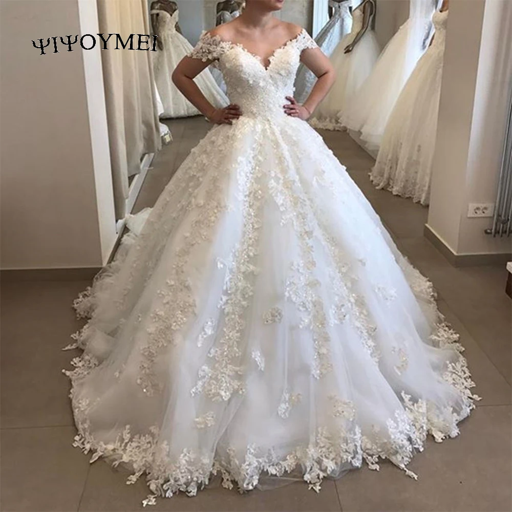 

Elegant Off The Shoulder Puffy Ball Gown Wedding Dress Appliques Tulle V Neck Lace Wedding Gown backless Robe De Mariee