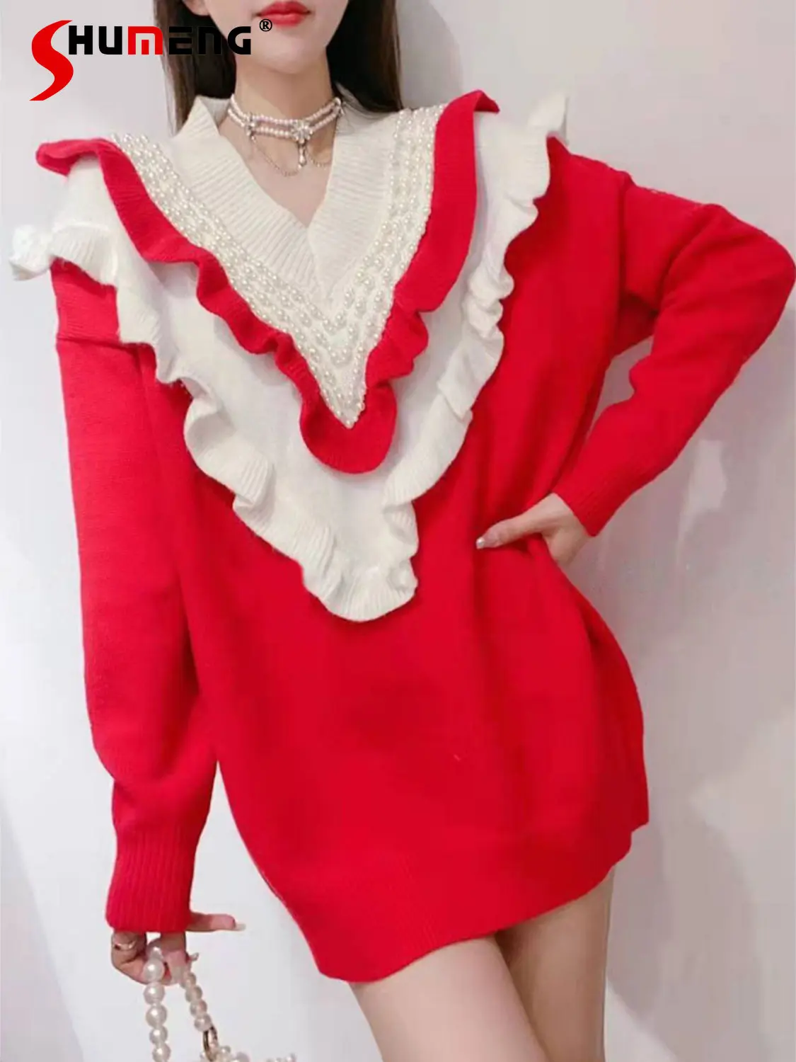Women Winter New Korean Fashion Sweet Thickened Sweater Ladies Fairy Elegant Beads Ruffles Stitching Loose Slimming Knitted Top