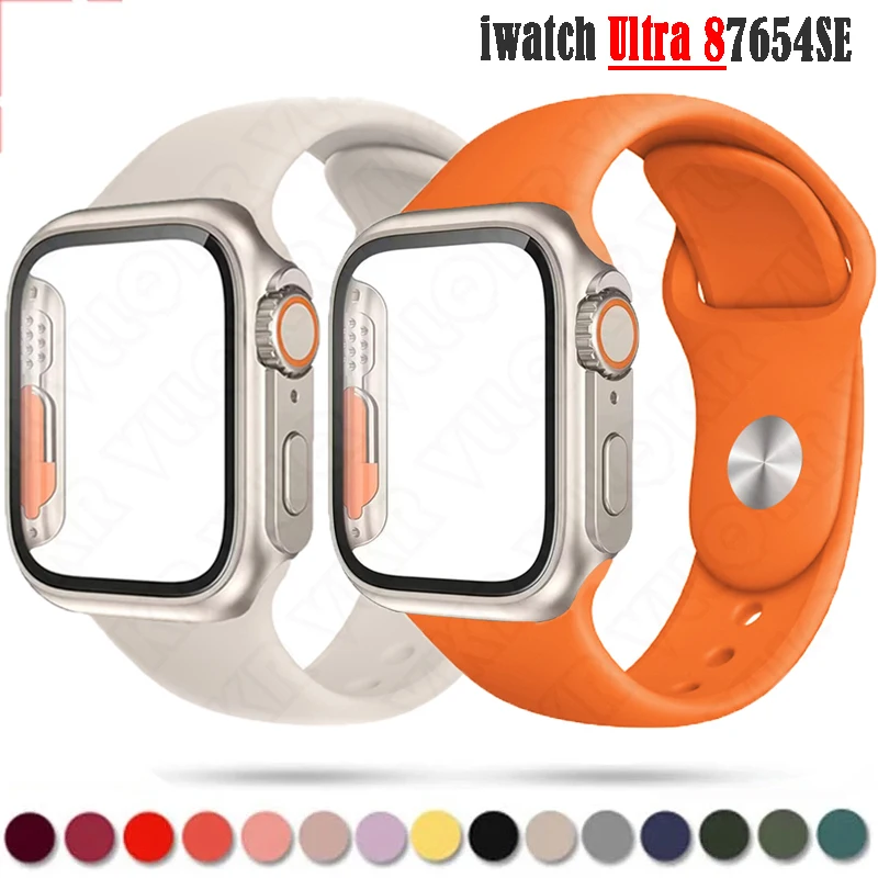 

Glass+Case+Strap For Apple Watch Band 44mm 45mm iWatch 40mm 41mm Silicone Watchband Correa Apple Watch Serie 8 7 5 6 se Bracelet