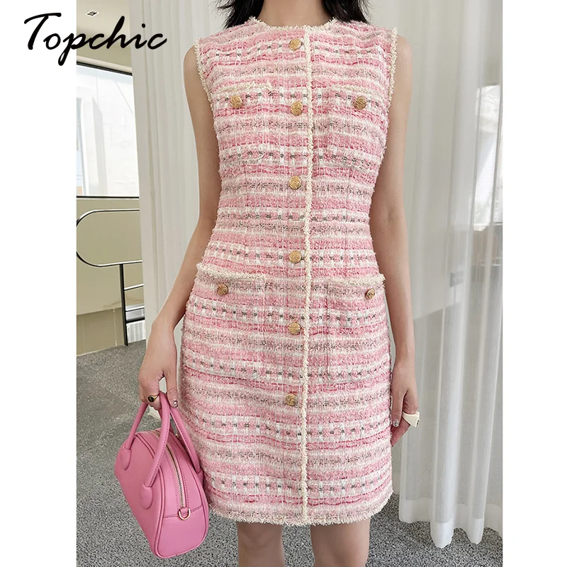 

High Quality Woolen Dress for Women 2023 Spring Summer Elegant O-neck Sleeveless Tweed Dresses Korean Fashion Clothes Vestido