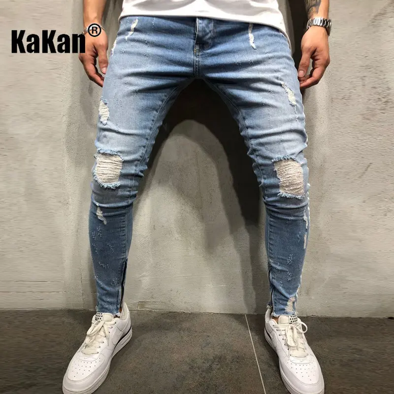 Kakan - Europe and America's New Worn-out Torn Jeans for Men, High Street Slim Fit Zippered Long Jeans K49-2015
