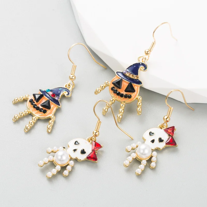 

Exaggerated Pumpkin Skull Earrings for Women Rhinestone Spider White Ghost Creative Dangle Earrings Halloween Party Jewelry Gift