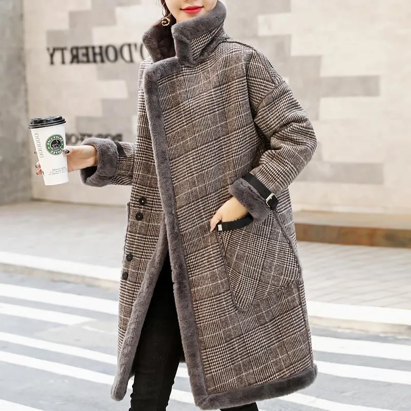 Women Winter Vintage Fashion Wool Plus Velvet Thickening Plaid Coat Female Formal Slim Long Sleeve Long Parkas Lasies Overcoat