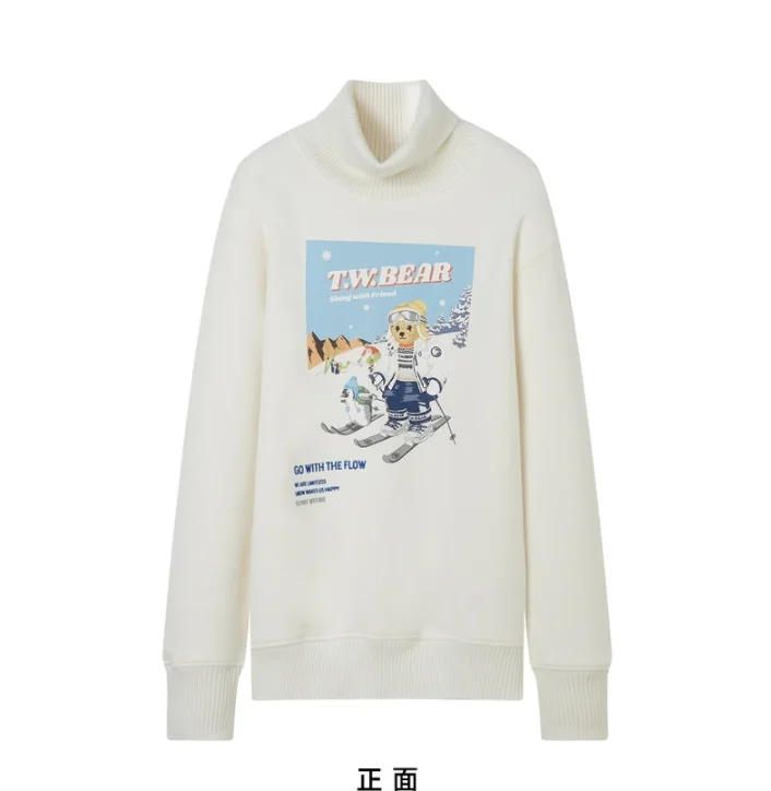 

Skiing Bear Fashion Women Hoodies Sweatshirts Full Sleeves White Color Fleece Winter Warm Tops SHirt Lady Tops