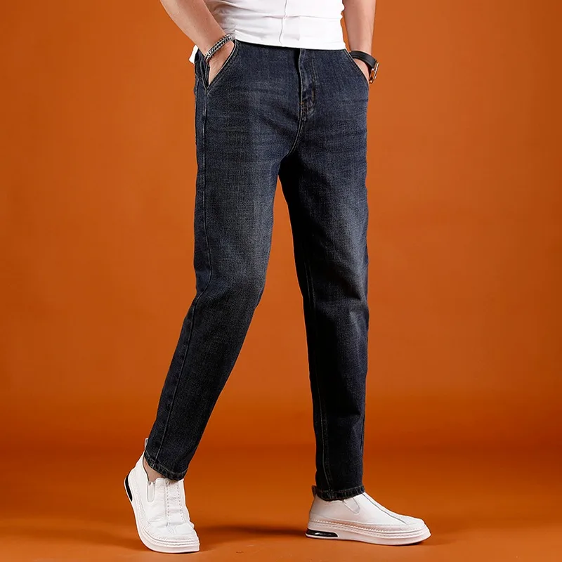 Summer Men Jeans Fashion Casual Dark Blue Regular Pencil Pants Cotton Solid Color Denim Trousers