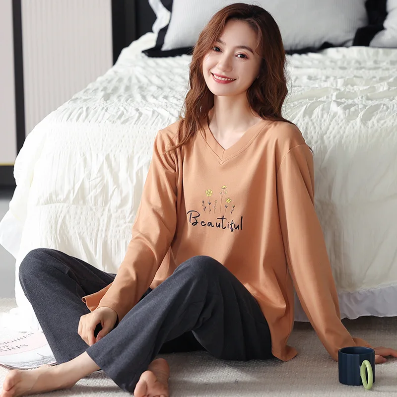 Fdfklak Casual Women's Pajamas Set New Cotton Nightwear Long Sleeve Pant Home Suit Comfortable Sleepwear Pijamas Femme Homewear