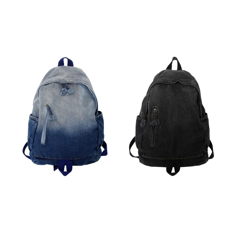 

Creative Zipper Backpack Large Capacity Rucksack Denim Daypack Double Shoulder Schoolbag for Friend Birthday Daily Wear