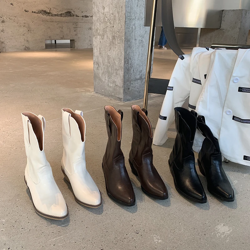 

Fashion Women Ankle Boots Mid Calf Western Booties Flat Low Heels 2022 New Arrivals Black Beige Brown Winter Snow Boots Woman