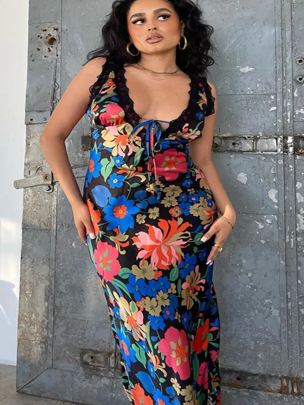 

Justchicc Women's 2023 Summer New Fashion Flower Print Deep v Panel Lace Up Dress for Women