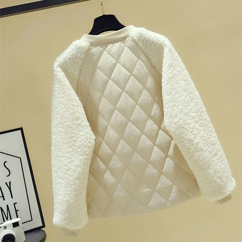 Short Cotton Jacket Women 2023 Autumn Winter Lambswool Splice Parka Large Loose Warm Outerwear Female Parkas Cotton Jackets