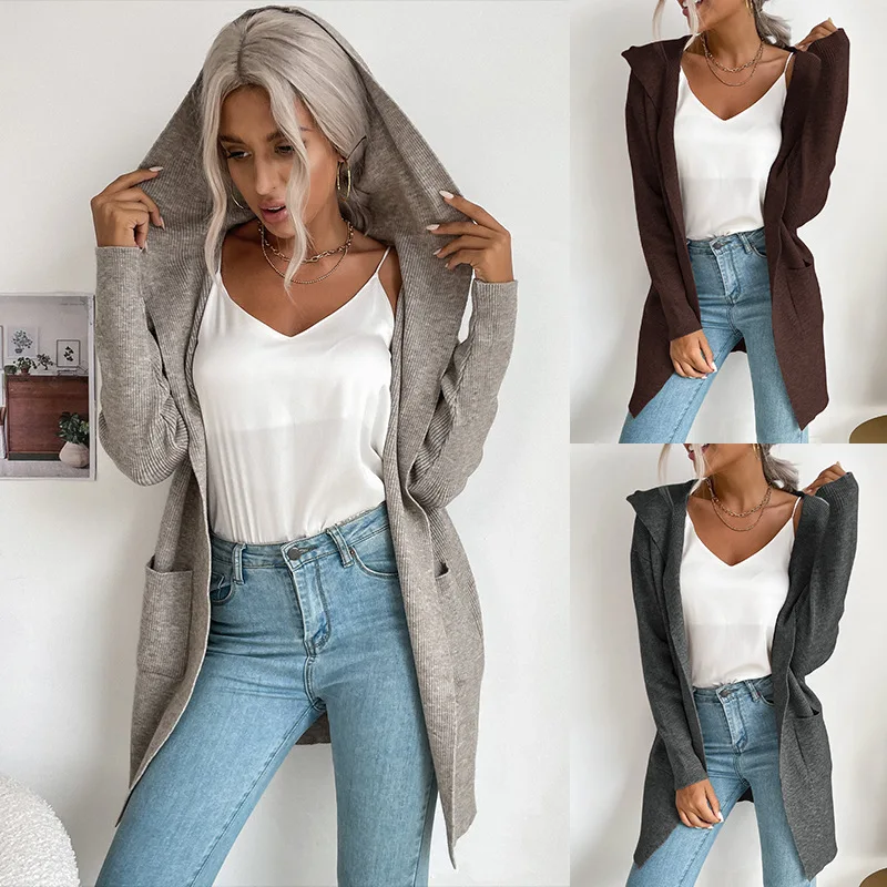 

New Women's Hooded Pit Strip Knitted Sweater Cardigan Women's Coat