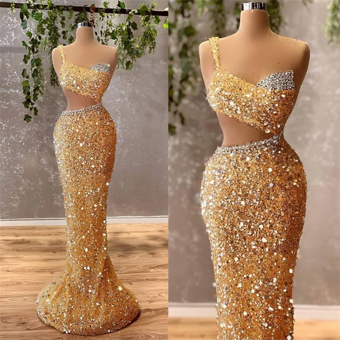 

Elegant Yellow Evening Dresses One Shoulder Spaghetti Straps Prom Gowns Custom Made Sequins Beading Floor Length Party Dresses