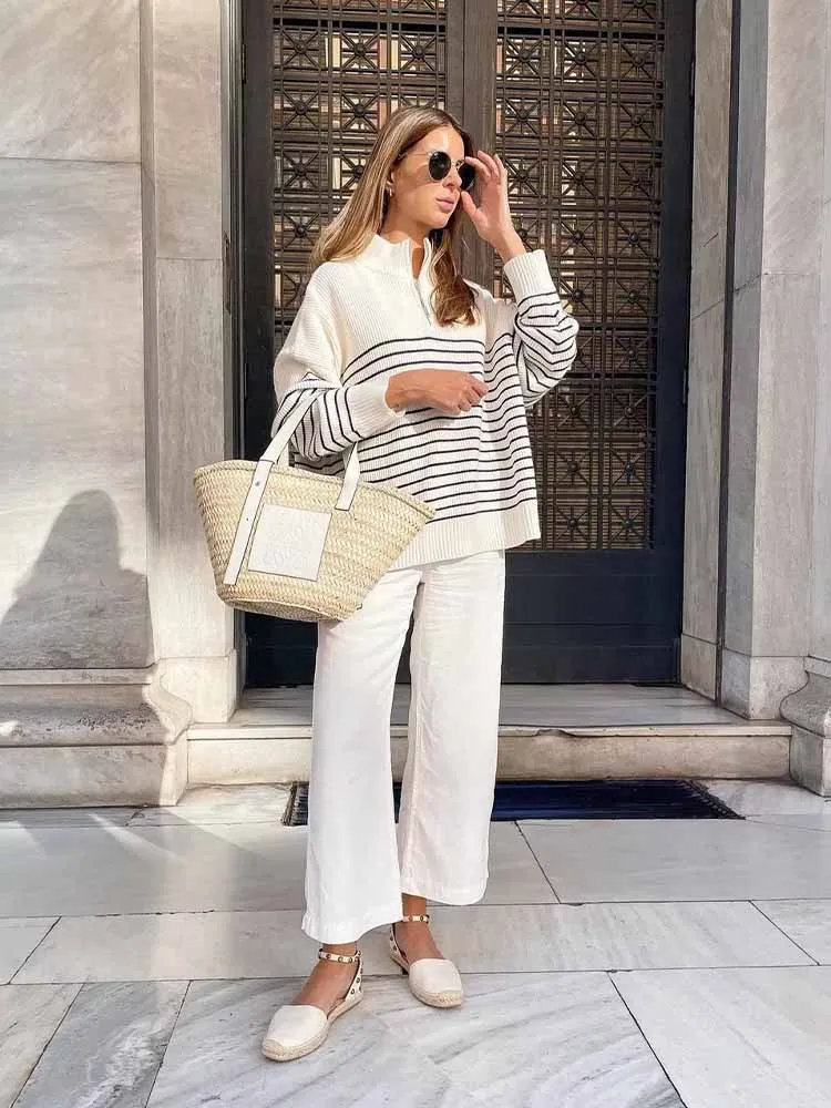 

Women Autumn New Fashion Zipper decoration Striped casual Knitted Sweater Vintage lapel Long Sleeve Female Pullovers Chic Tops