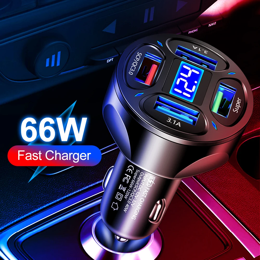 

66W 4 Ports USB Fast Charging Car Charger Display Voltage Quick Charge 3.0 Cigarette Lighter Plug For iPhone Xiaomi Huawei