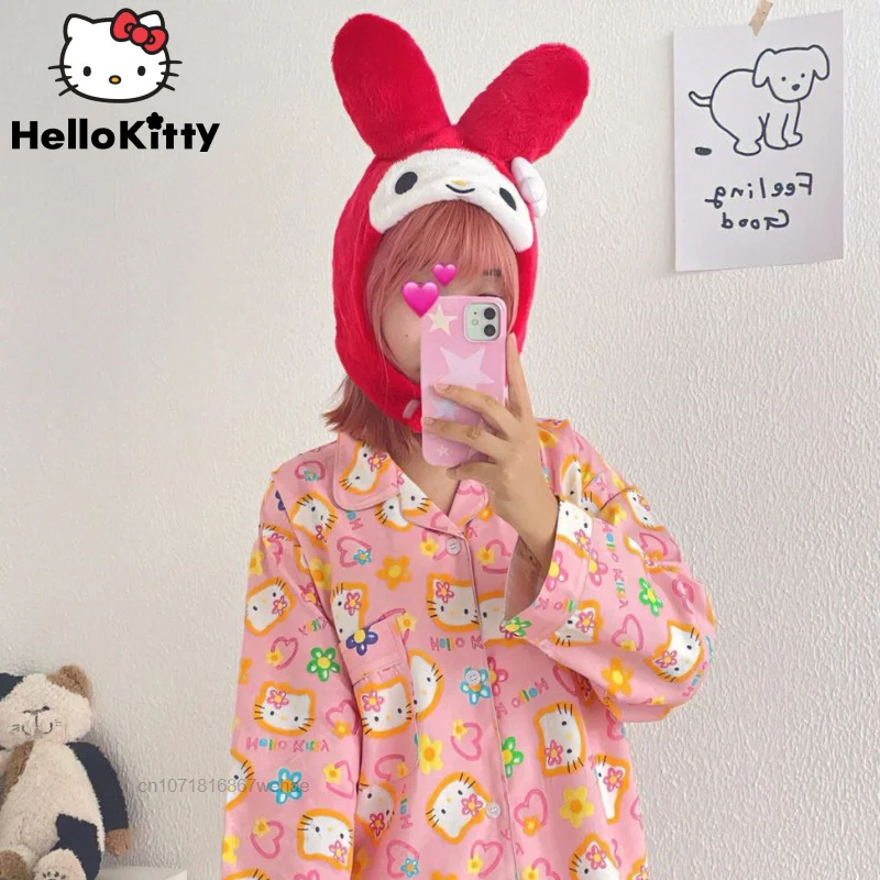 Sanrio Hello Kitty Soft Comfortable Y2k Soft Harajuku Style Cardigan Cotton Autumn Cute Homesuit Sweet Casual Women Pyjamas Set