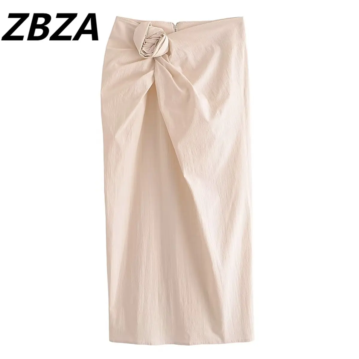 

ZBZA Women 2023 New Chic Fashion Summer Knot Decoration Midi Skirt Vintage High Waist Back Zipper Female Skirts Mujer