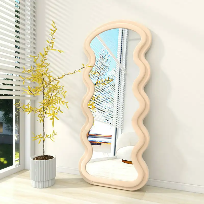 

Full Length Floor Mirror Wave Shaped Mirror Leaning or Hanging without Stand 30"x 71", Beige