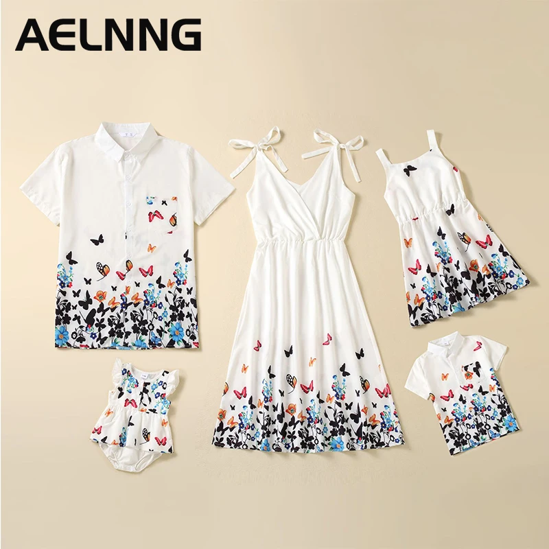 

Family Matching Outfits Mother Daughter Butterflies Camis Dresses Father Son Blouses Mother Kids Summer Baby Girls Dress 9507