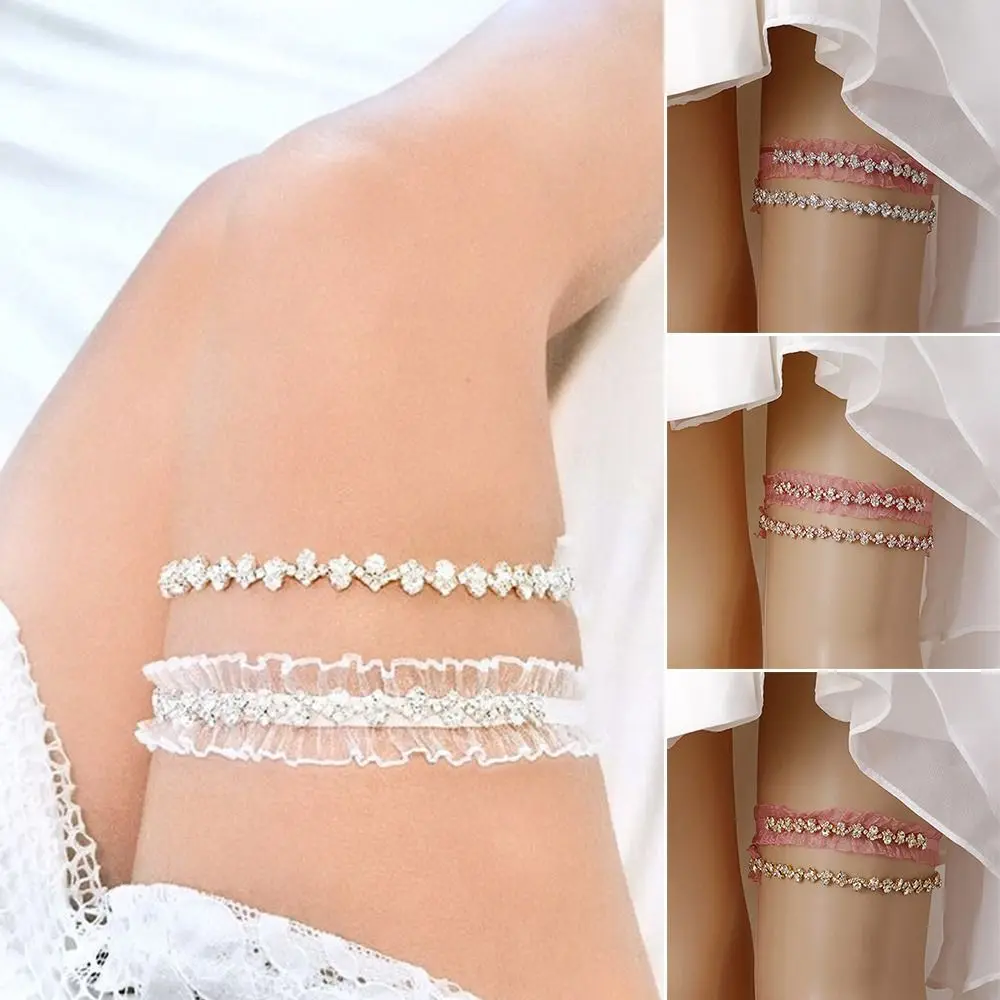 

Shiny Lace Flower Leg Garter Wedding Decor Glitter Bling Bling Rhinestones Thigh Belts Gauze Bride Suspender Women