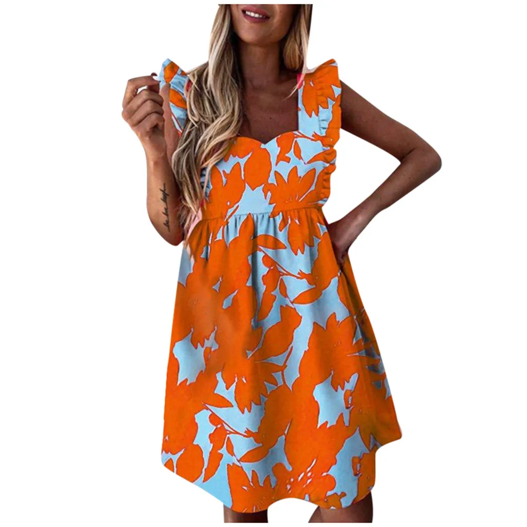 

Print Ruffled Short Casual Casual Sleeveless Women O-Neck Flower Dress Women's Dress