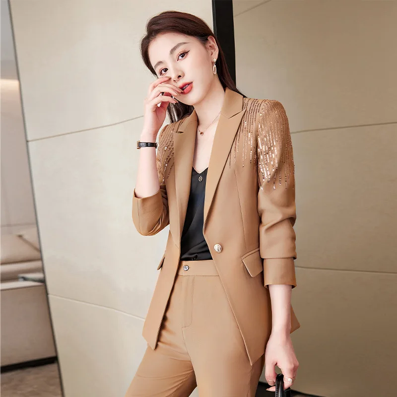 Pants Suit for Women Green Khaki Black Fashion Elegant Two Piece Set Office Lady Formal Business Casual Blazer Trousers Outfits enlarge