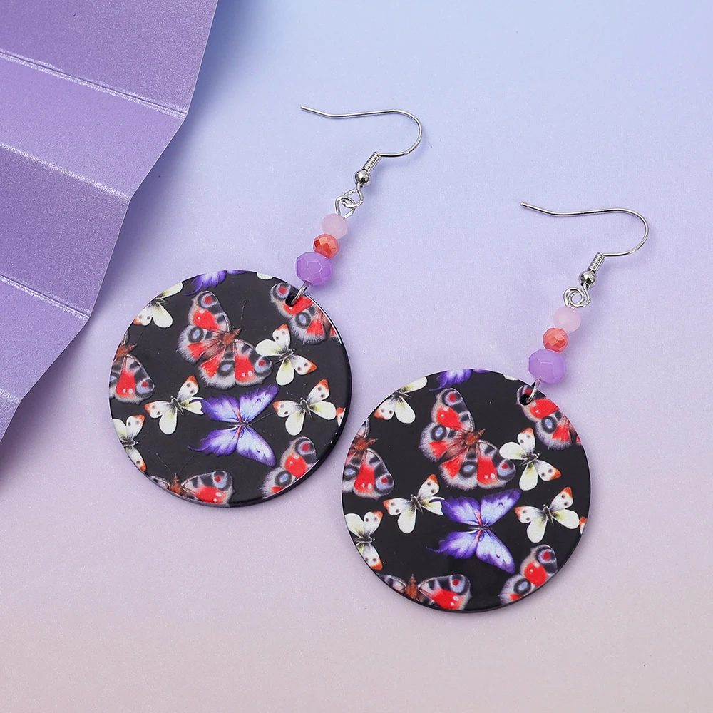 Новые модные круглые черные акриловые висячие серьги с принтом бабочки Relievo для