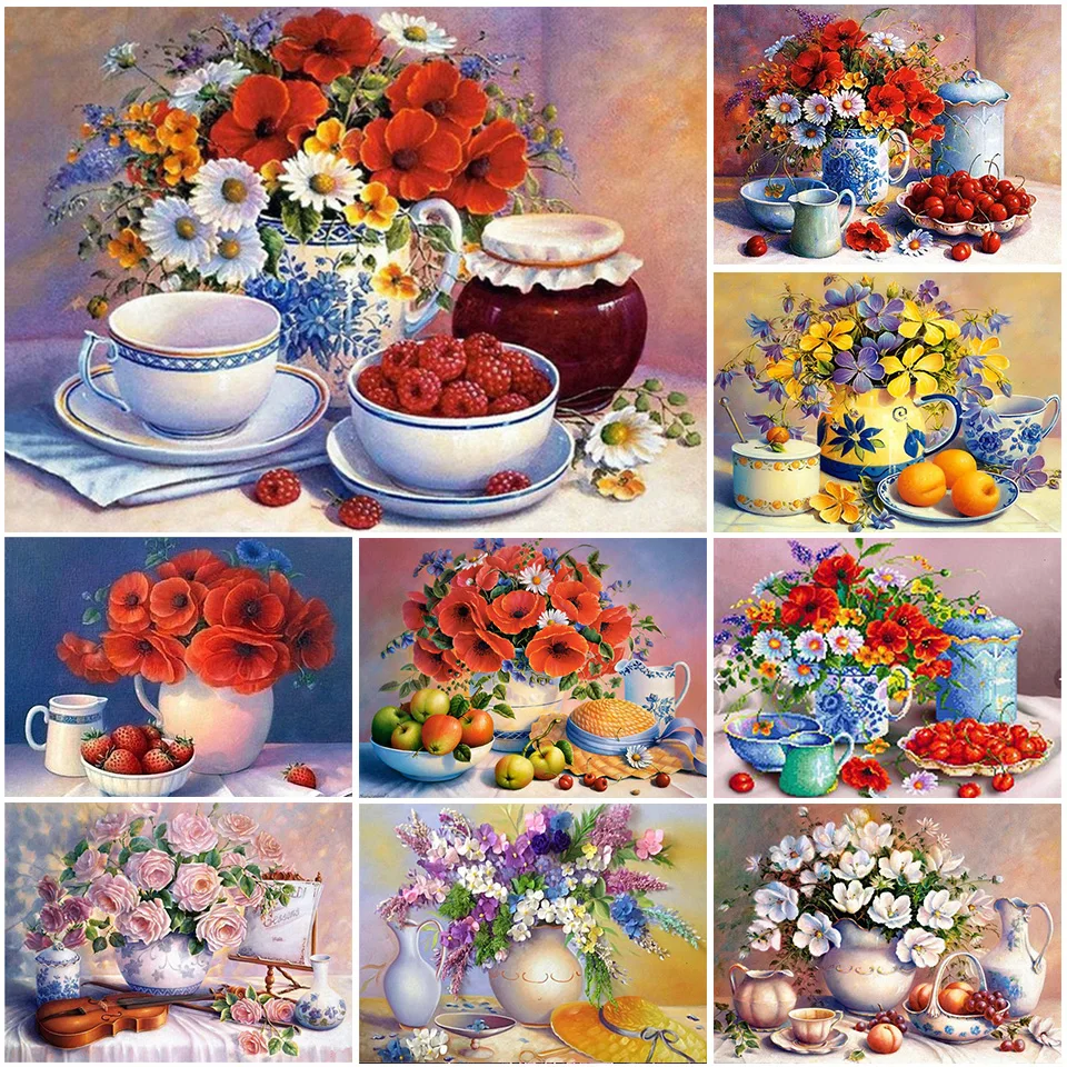 

5D DIY Diamond Painting Fruit Flowers Cup Cross Stitch Kits Full Drill Round Embroidery Art Picture of Rhinestones Gift Mosaic